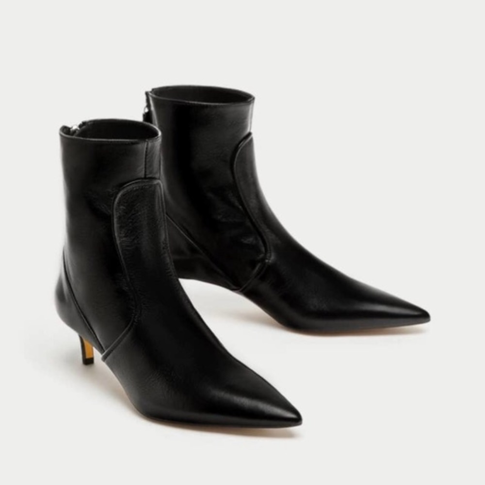 Zara black leather high heel ankle boots NWT